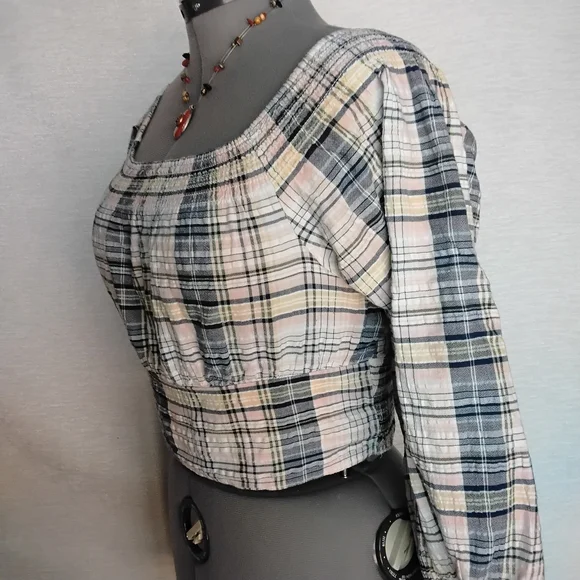 Arizona Jean Company Size L Blouse Blue Pink White Puff Sleeves - Picture 4 of 9